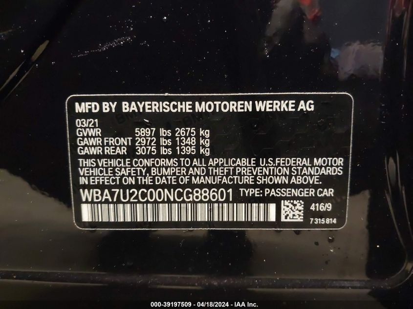 2022 BMW 750 XI WBA7U2C00NCG88601