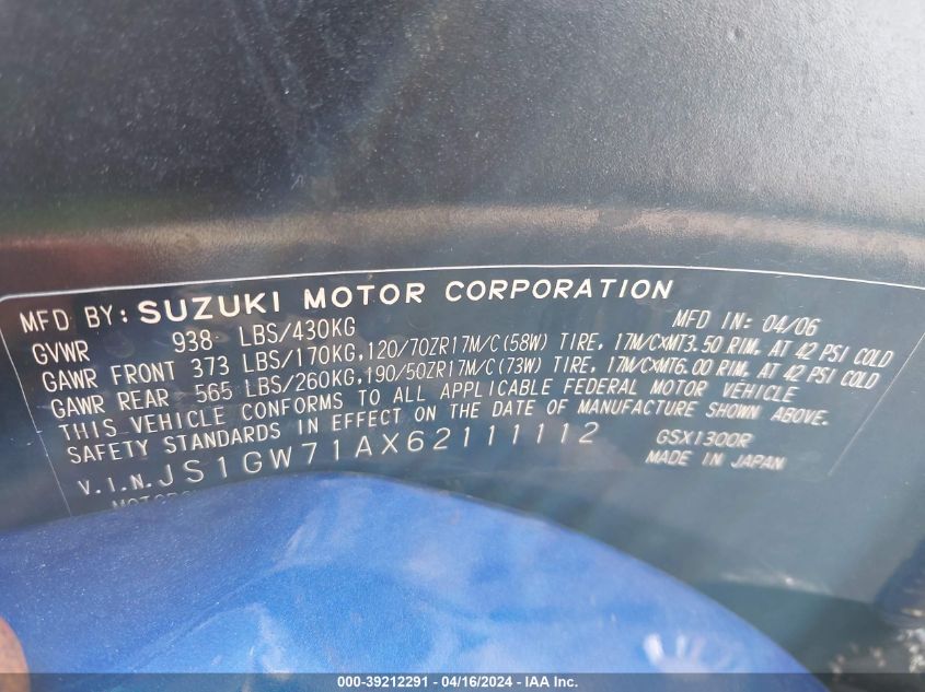 2006 SUZUKI GSX1300 R JS1GW71AX62111112