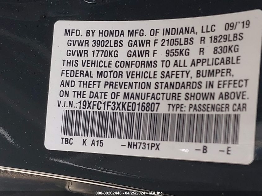2019 HONDA CIVIC 1.5L I4 FI DOHC 16V (VIN: 19XFC1F3XKE016807