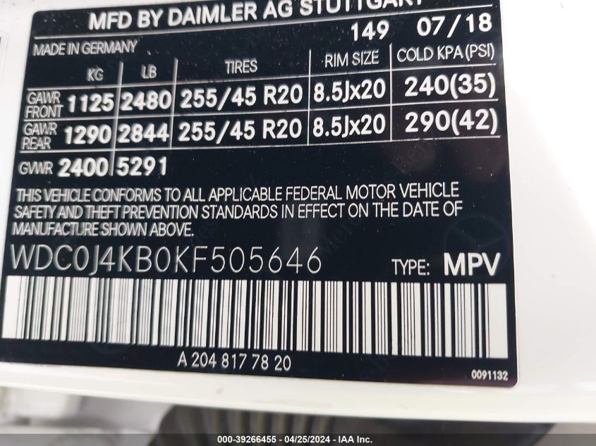 2019 MERCEDES-BENZ GLC 300 COUPE 2.0L I4 FI DOHC 16V (VIN: WDC0J4KB0KF505646