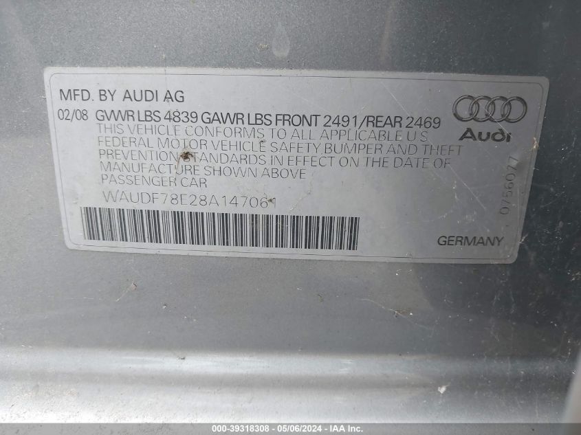 2008 Audi A4 2.0T/2.0T Special Edition VIN: WAUDF78E28A147061 Lot: 39318308