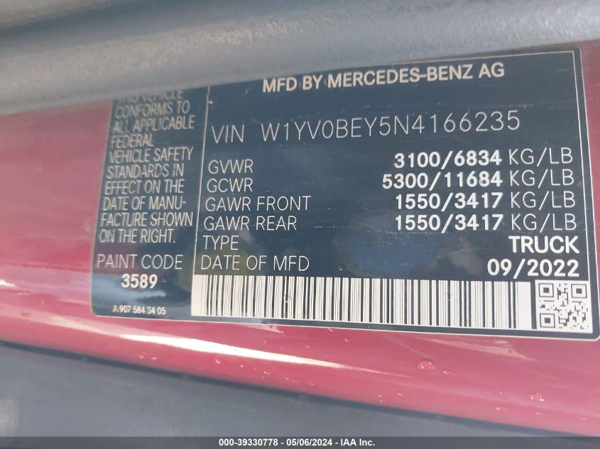 2022 Mercedes-Benz Metris VIN: W1YV0BEY5N4166235 Lot: 39330778
