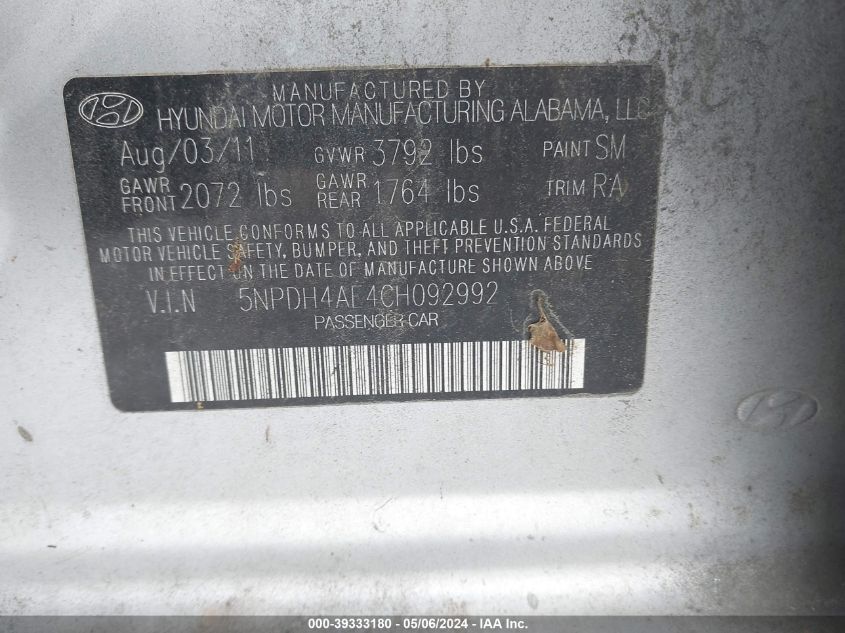 2012 Hyundai Elantra Limited VIN: 5NPDH4AE4CH092992 Lot: 39333180