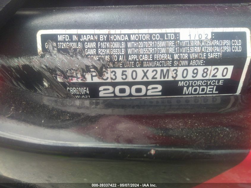 2002 Honda Cbr600 F4 VIN: JH2PC350X2M309820 Lot: 39337422