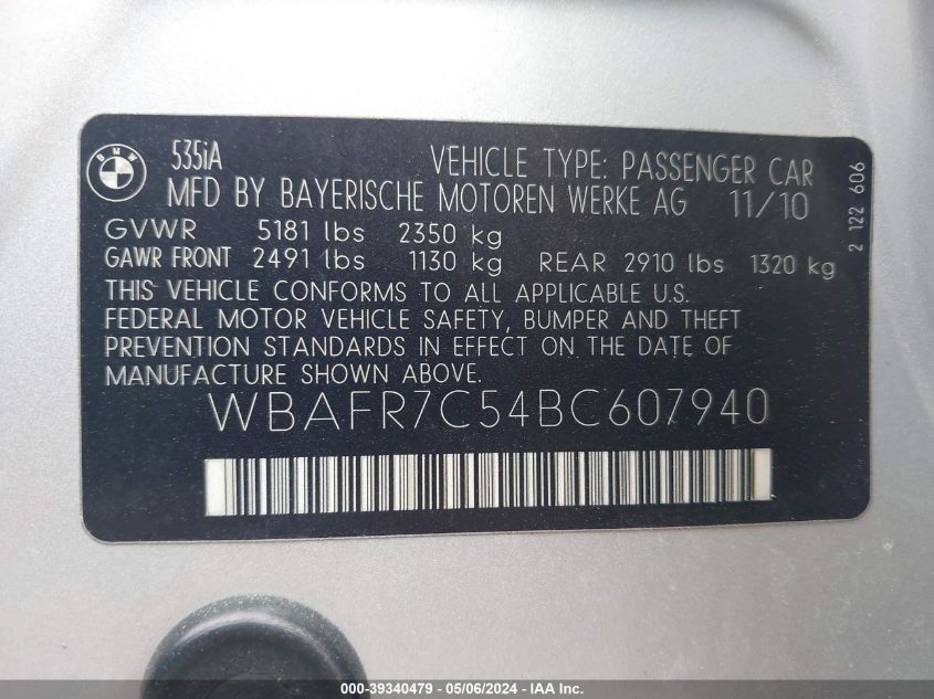 2011 BMW 535I VIN: WBAFR7C54BC607940 Lot: 39340479