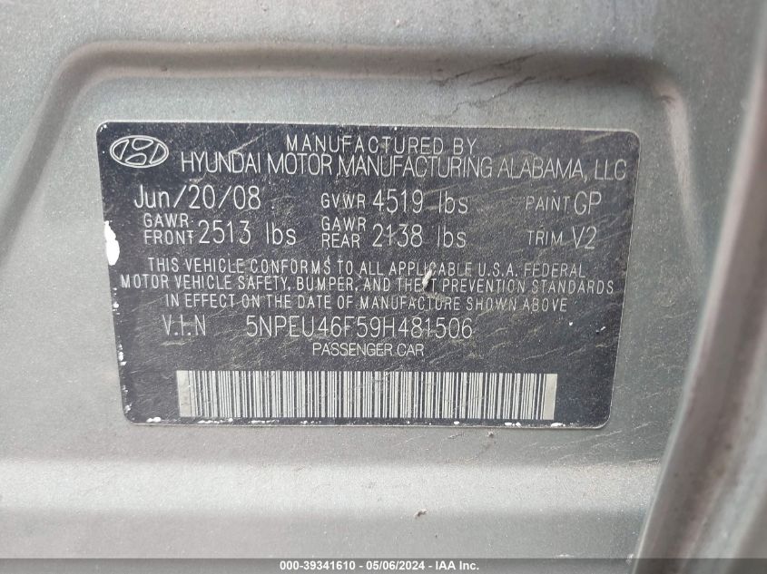 2009 Hyundai Sonata Limited V6 VIN: 5NPEU46F59H481506 Lot: 39341610