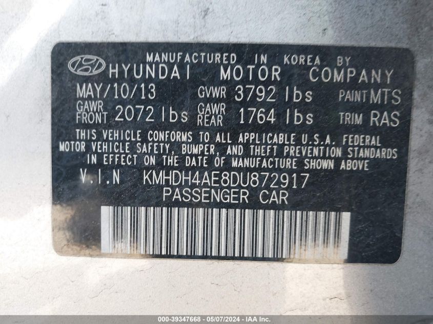 2013 Hyundai Elantra Gls VIN: KMHDH4AE8DU872917 Lot: 39347668