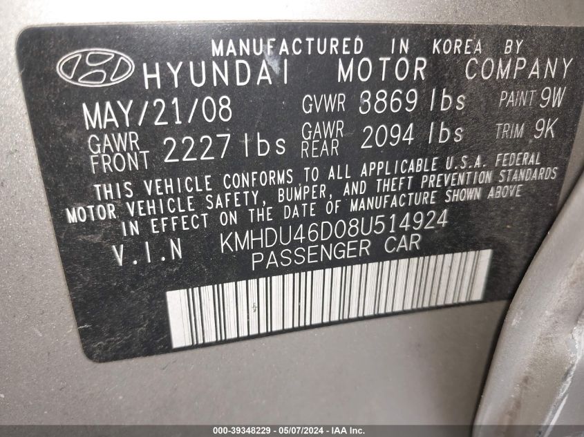 2008 Hyundai Elantra Gls/Se VIN: KMHDU46D08U514924 Lot: 39348229
