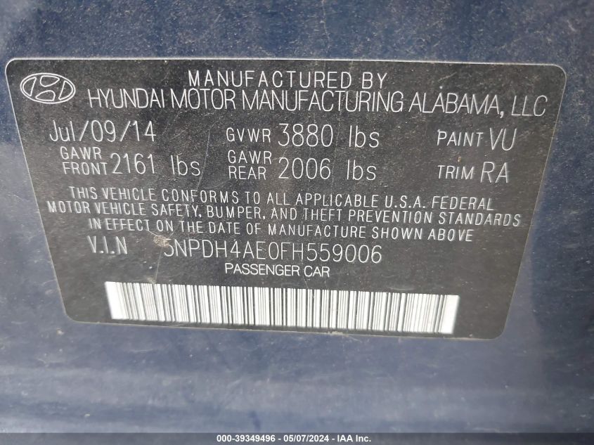2015 Hyundai Elantra Se VIN: 5NPDH4AE0FH559006 Lot: 39349496