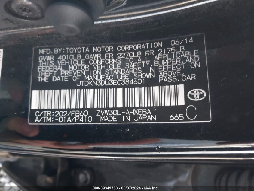 2014 Toyota Prius Two VIN: JTDKN3DU3E0384601 Lot: 39349753