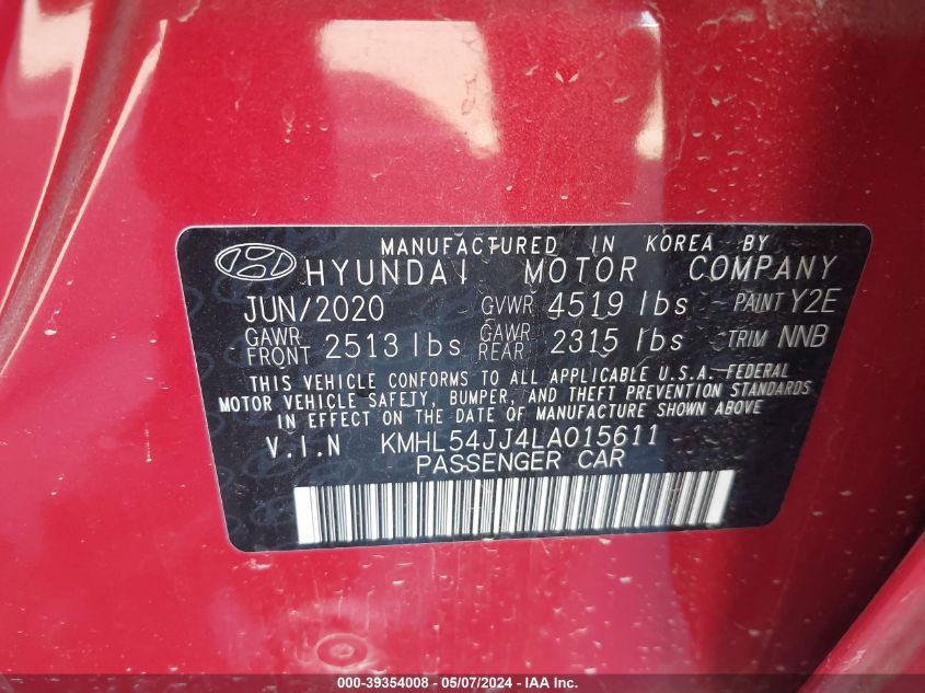 2020 Hyundai Sonata Hybrid Limited VIN: KMHL54JJ4LA015611 Lot: 39354008