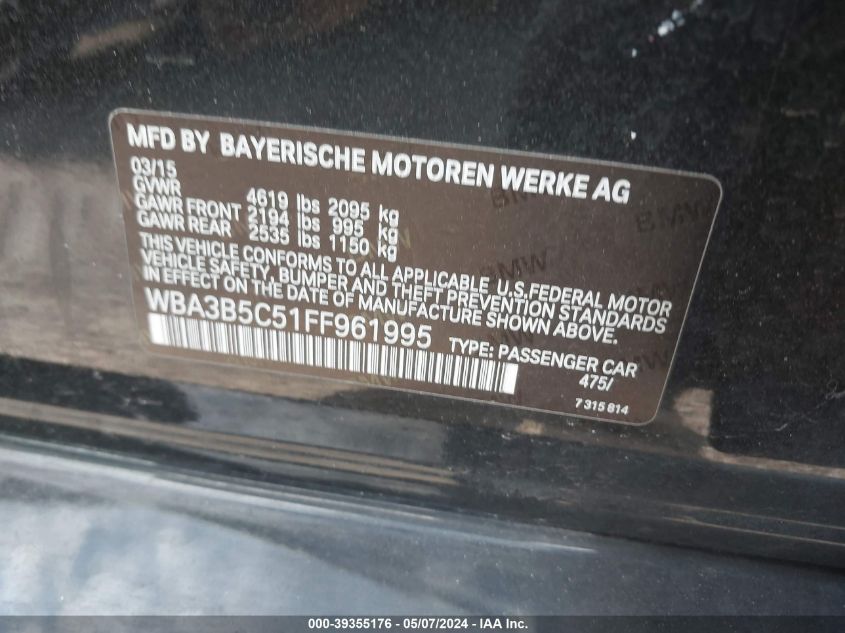 2015 BMW 328I xDrive VIN: WBA3B5C51FF961995 Lot: 39355176