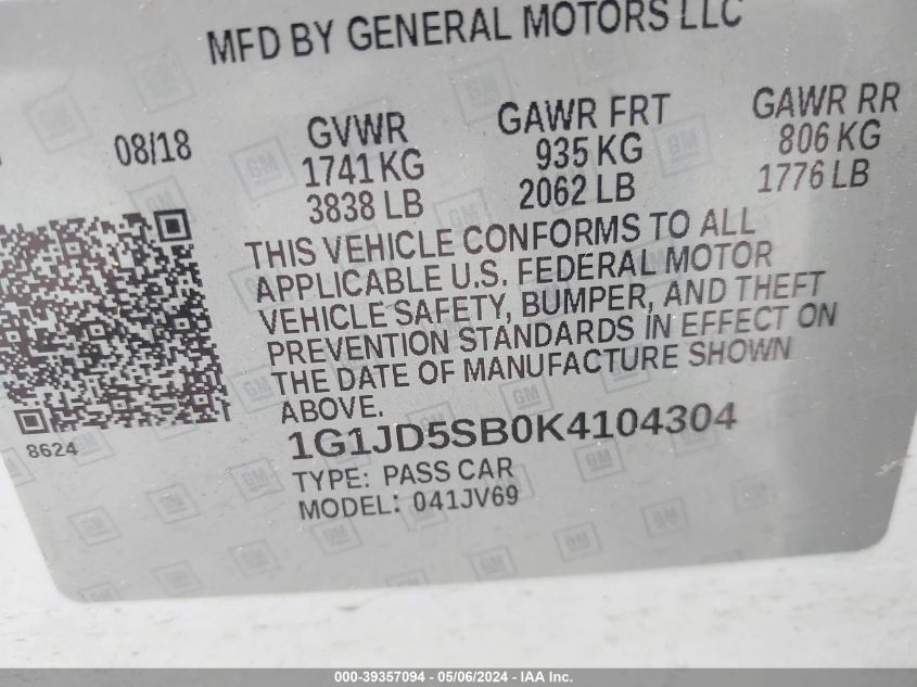2019 Chevrolet Sonic Lt Auto VIN: 1G1JD5SB0K4104304 Lot: 39357094