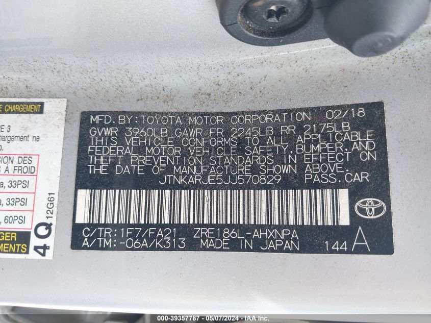 2018 Toyota Corolla Im VIN: JTNKARJE5JJ570829 Lot: 39357787