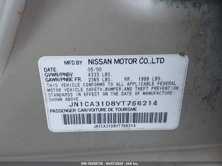 2000 Nissan Maxima Gle/Gxe/Se VIN: JN1CA31D8YT766214 Lot: 39358736