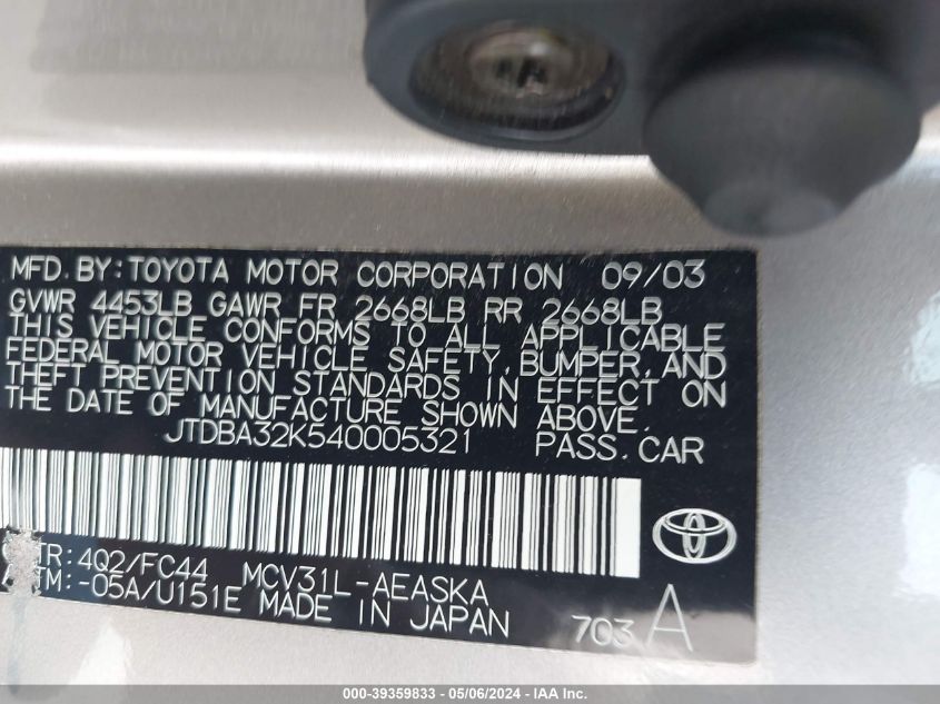 2004 Toyota Camry Se V6 VIN: JTDBA32K540005321 Lot: 39359833