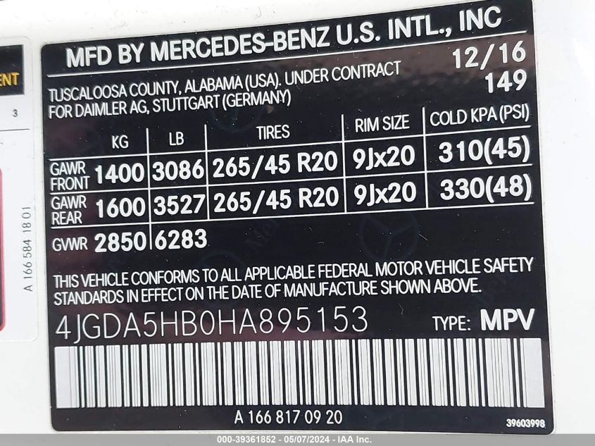 2017 Mercedes-Benz Gle 350 4Matic VIN: 4JGDA5HB0HA895153 Lot: 39361852