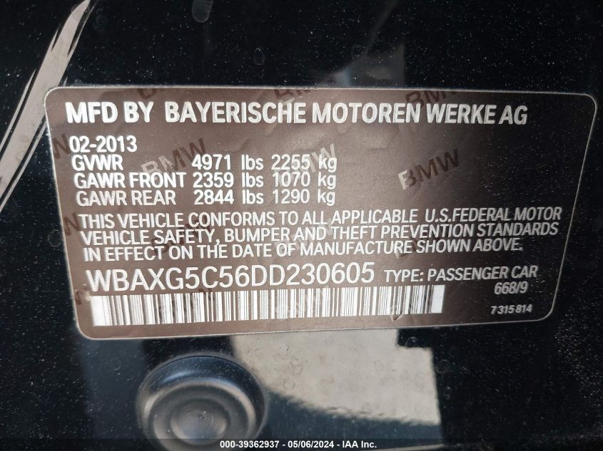 2013 BMW 528I VIN: WBAXG5C56DD230605 Lot: 39362937