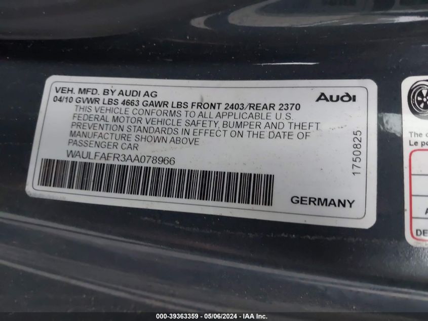 2010 Audi A5 2.0T Premium VIN: WAULFAFR3AA078966 Lot: 39363359