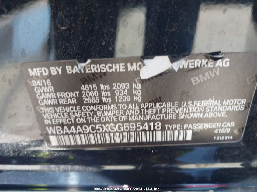 2016 BMW 428I Gran Coupe VIN: WBA4A9C5XGG695418 Lot: 39364569