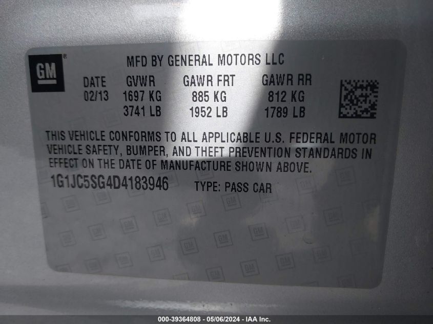 2013 Chevrolet Sonic Lt Auto VIN: 1G1JC5SG4D4183946 Lot: 39364808