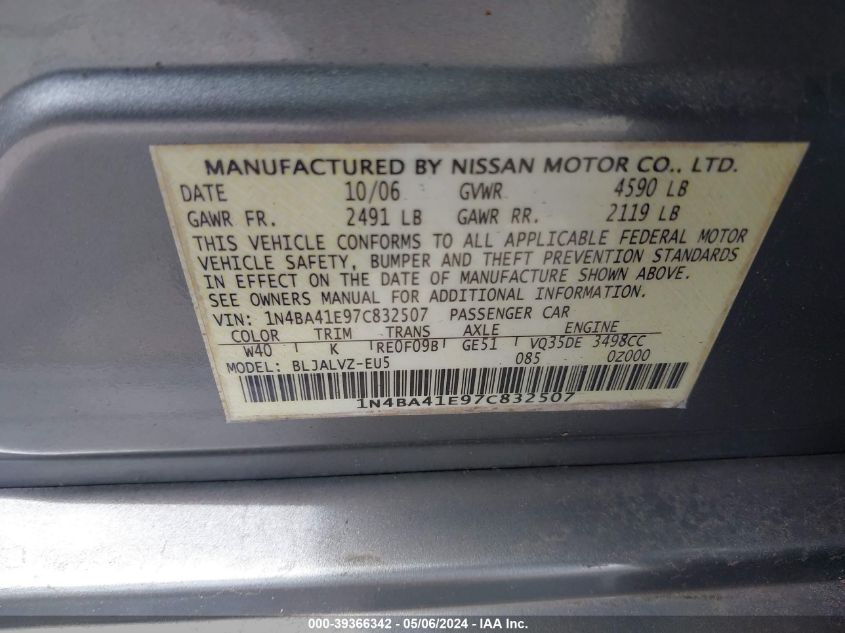 2007 Nissan Maxima 3.5 Se VIN: 1N4BA41E97C832507 Lot: 39366342
