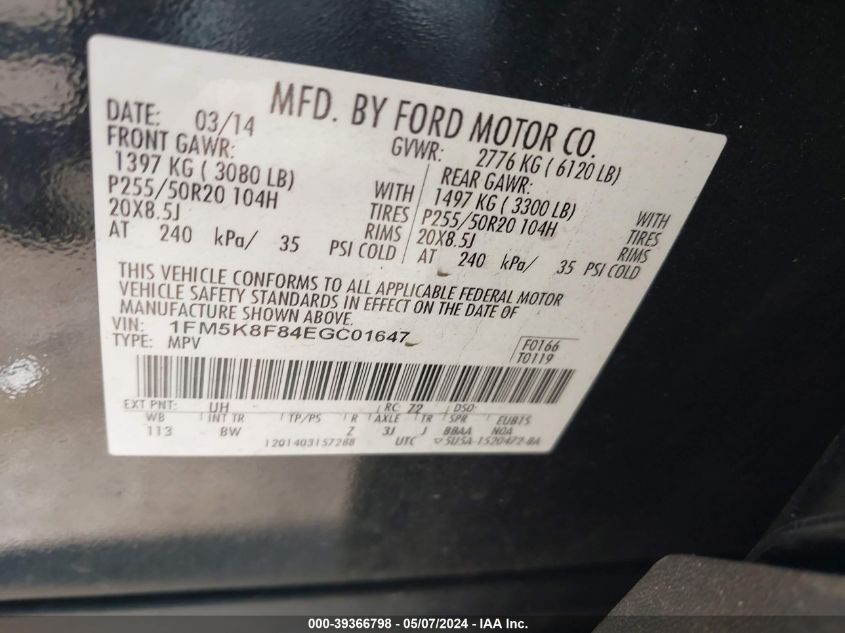 2014 Ford Explorer Limited VIN: 1FM5K8F84EGC01647 Lot: 39366798