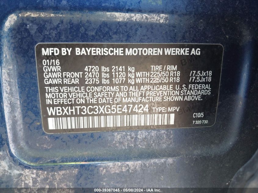 2016 BMW X1 xDrive28I VIN: WBXHT3C3XG5E47424 Lot: 39367045