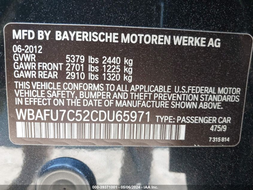2012 BMW 535I xDrive VIN: WBAFU7C52CDU65971 Lot: 39371001